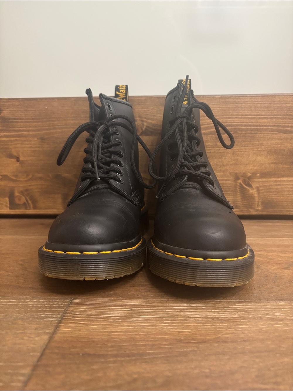 Dr. Martens Black Leather Lace-Up Boots with Yellow Stitching